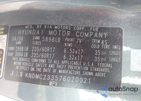 2007 Hyundai Entourage Gls/Limited/Se z USA, uszkodzony, nr VIN KNDMC233576020021